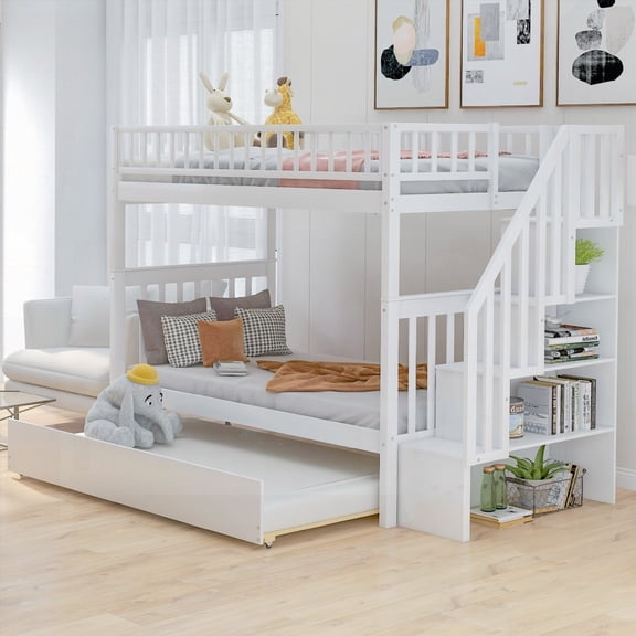 White Twin over Twin Bunk Bed with Trundle & Storage, Split into 3 Beds