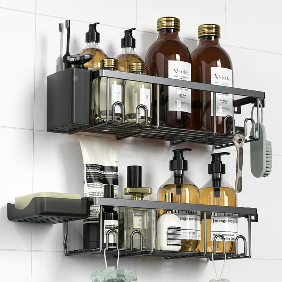 Shower Caddy Storage Rack with Hooks Soap Toothbrush Holder No-drill for Bathroom Kitchen Hollow Design Rustproof