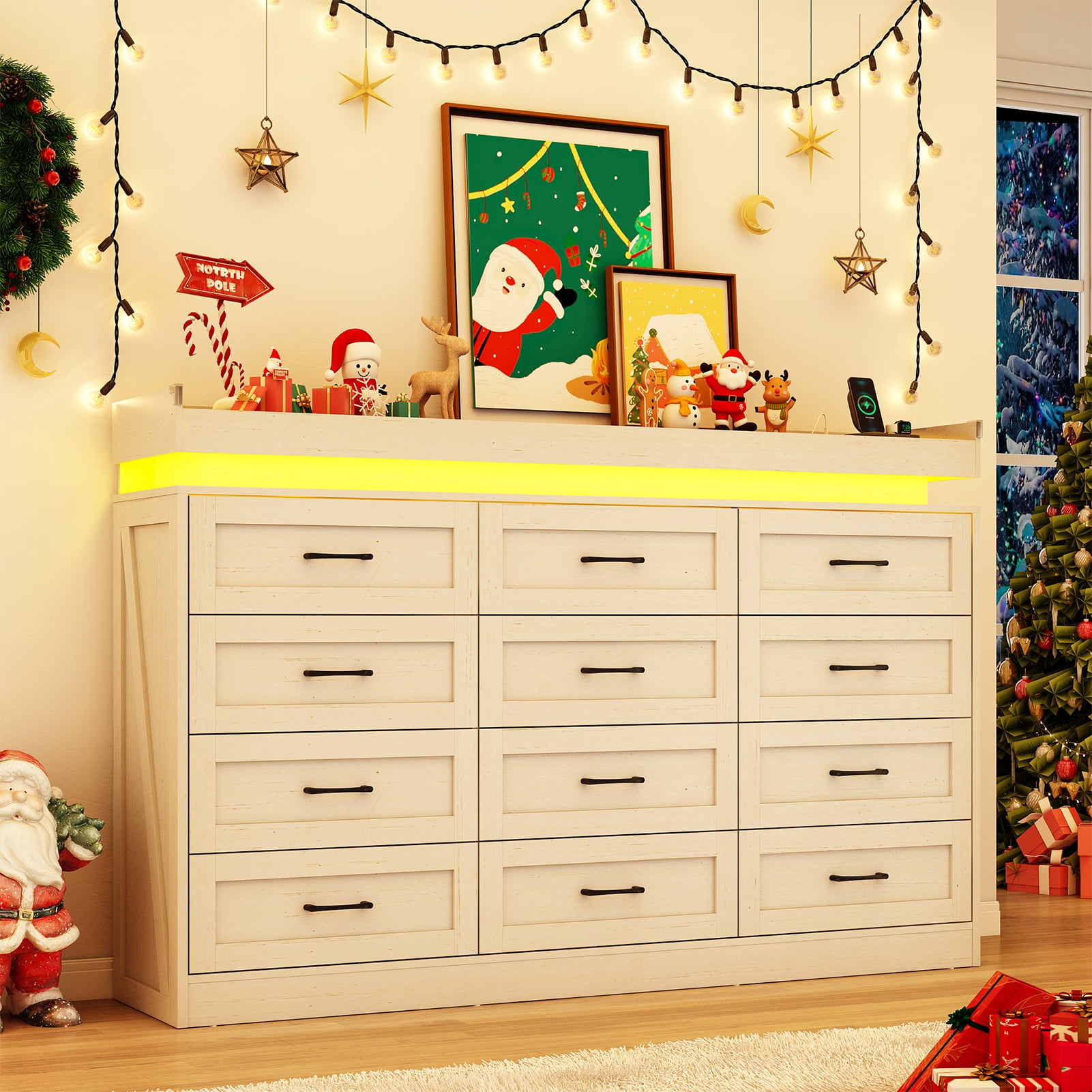 ChVans 12 Drawer Dresser with LED Light and Charging Station, 71" Wide 46" Tall Farmhouse Large Chest of Drawers for Closet, Large Wide Drawer Organizer Cabinet for Bedroom, Living Room