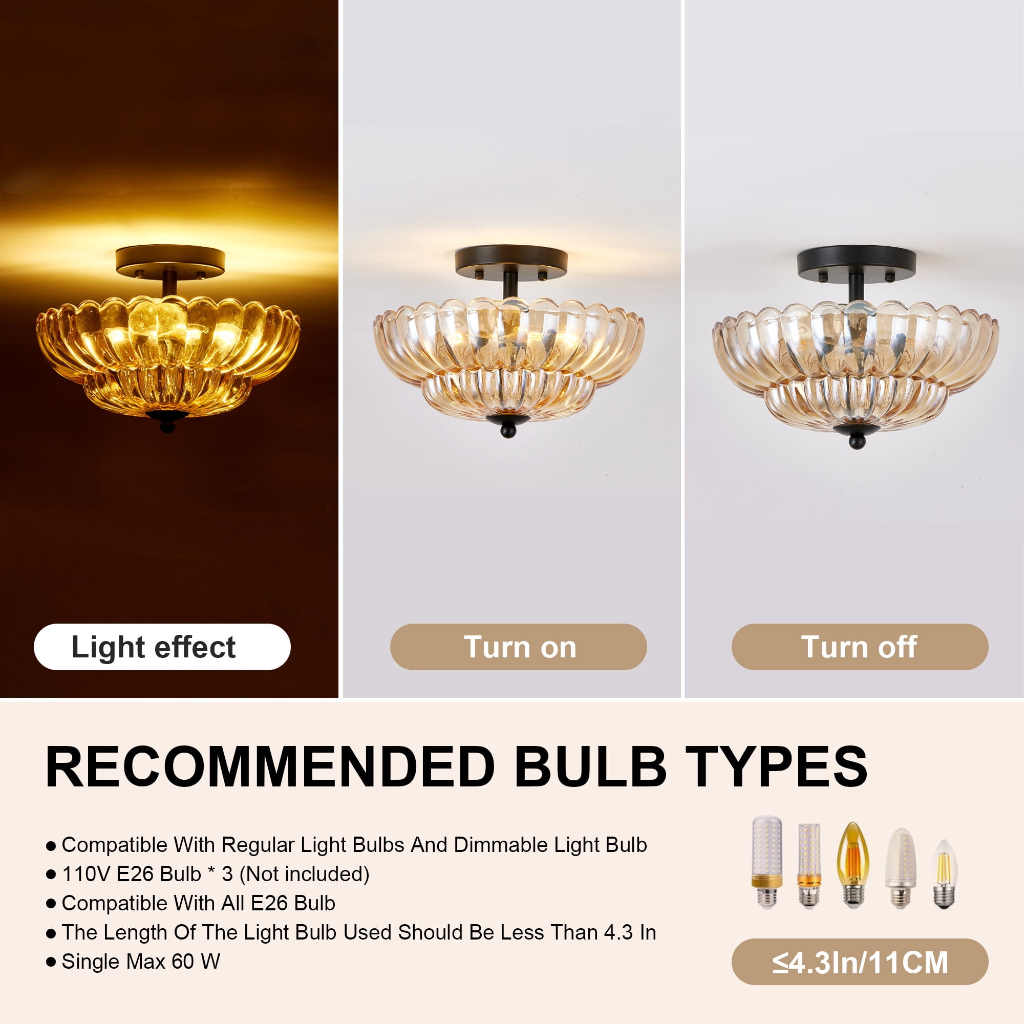 Leumius Semi Flush Mount Ceiling Light, 3-Light Close to Ceiling Light Fixtures with Flower Glass, Vintage Ceiling Lights for Hallway Living Room Kitchen Bedroom Bathroom, Amber+Black