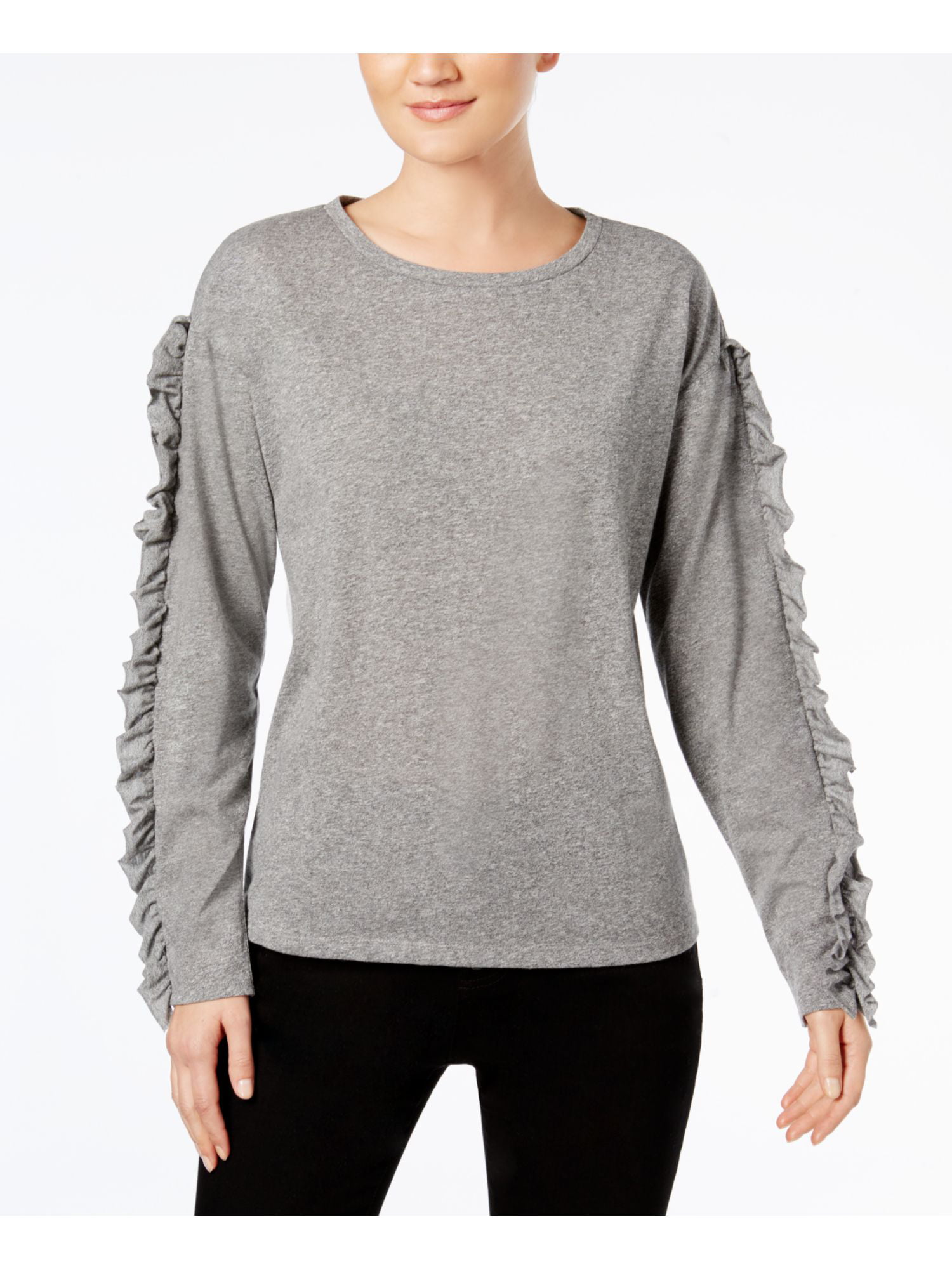 INC International Concepts Womens Marled Ruffle-Sleeve Sweater M, Deep Black 