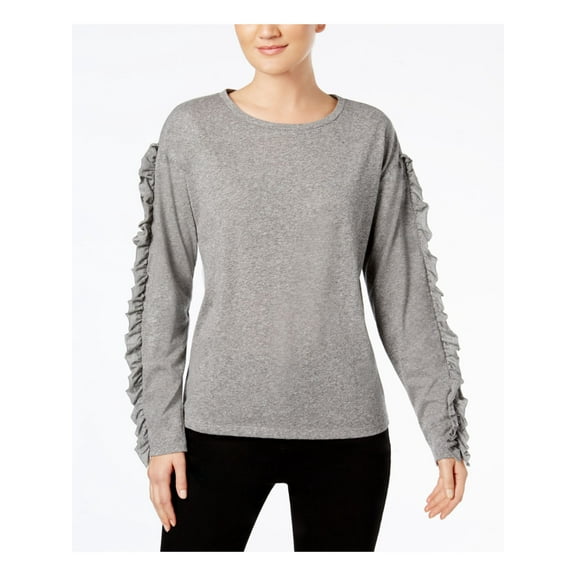 INC Womens Gray Heather Ruffled Jewel Neck Long Sleeve Top M