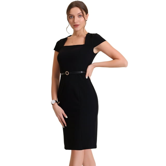 Vestido tubo Allegra K con cinturón y mangas casquillo vintage para mujer Negro XS