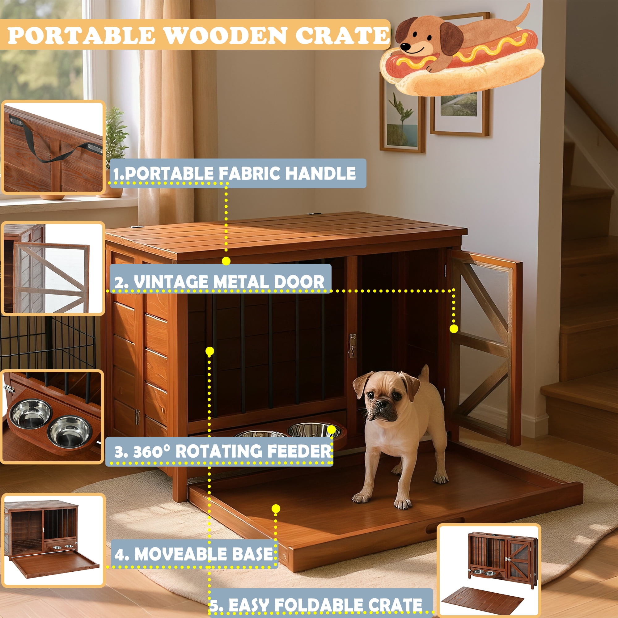 Euroco 33" Solid Wood Dog Crate Furniture, Foldable Indoor Kennel with 360° Rotating Feeder Multi-Functional End Table for Small & Medium Dogs, Portable Pet Cage with Removable Tray & Easy Assembly