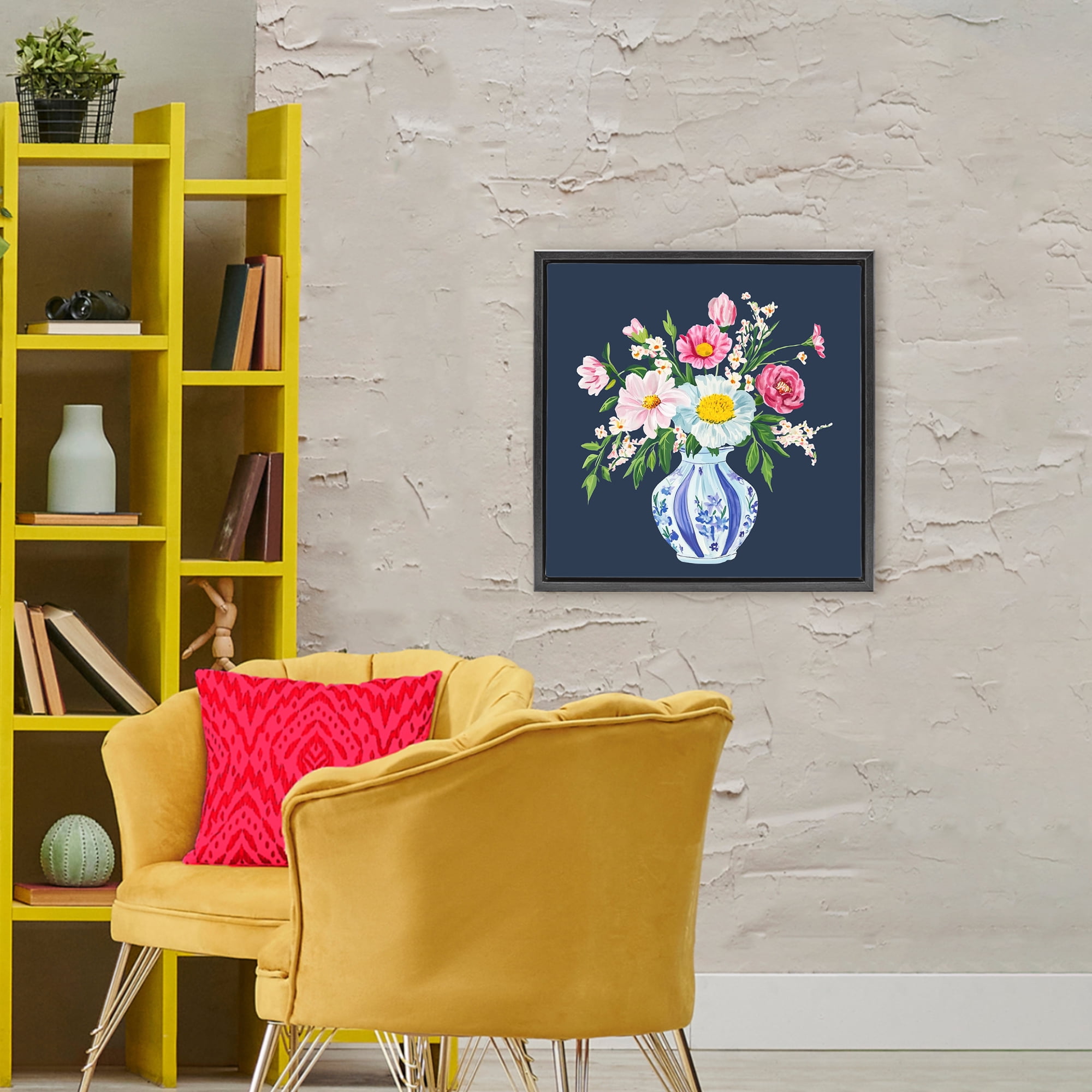 Spring Chinoiserie Vase Black Framed Floater Canvas Wall Art, design by Yen