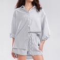 thumbnail image 6 of JULMCOMO 2 Piece Sets for Women Striped Button Down Long Sleeve Shirts Drawstring Wide Leg Summer Shorts Cruise Lounge Outfits Gray S, 6 of 6
