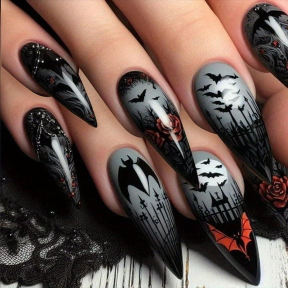 Yoyauz 24PCS Almond Shaped Nail, Fake Nail, Black Bat Rose Design, Charming Acrylic Nail, Halloween Suitable For Girls And Ladies