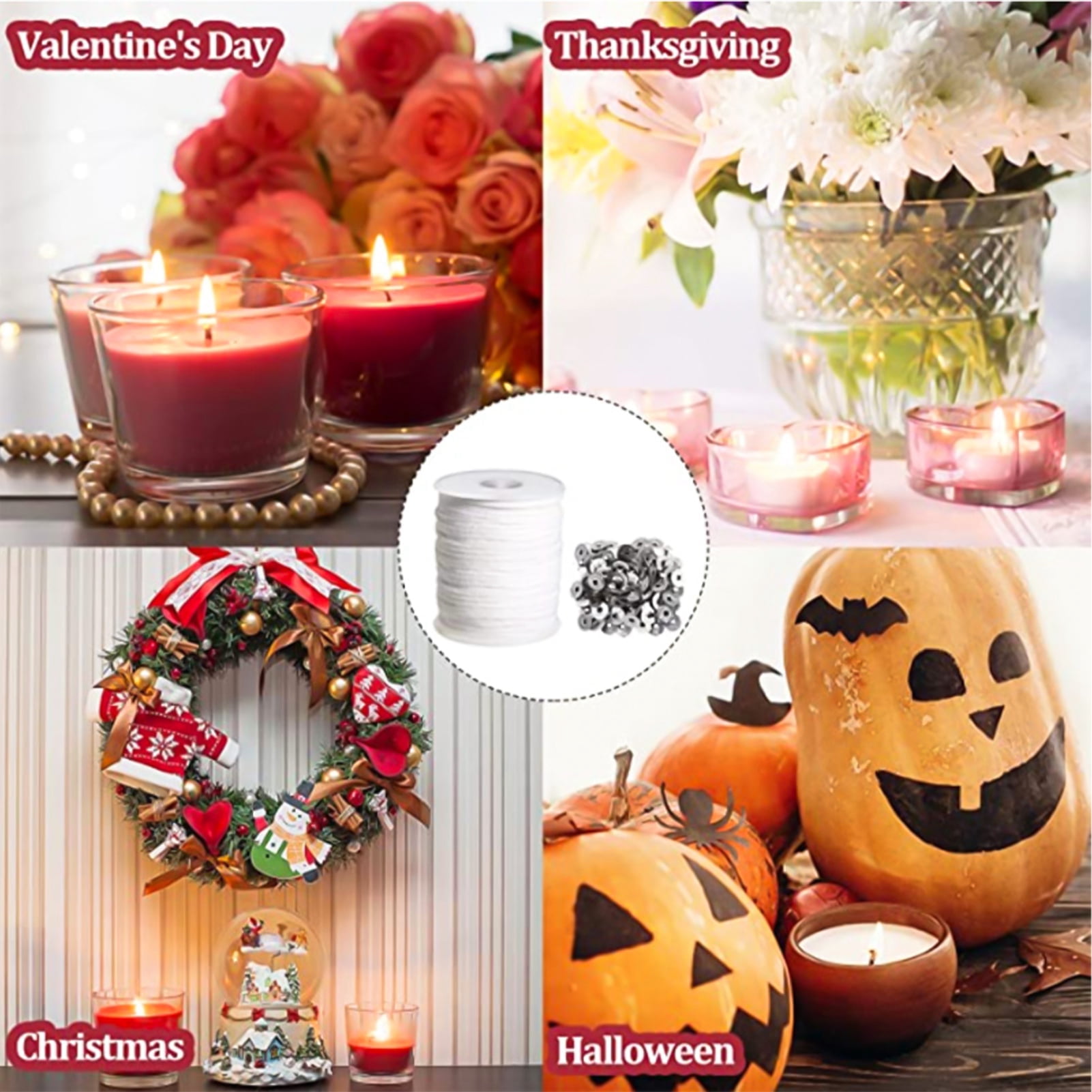 Qweryboo 61M Candle Wick, 60 Pcs Candle Wick Stickers and 5 Pcs Wooden Candle Wick Centering Devices, Smokeless Wick Set, Odorless Wick, Natural Wick with Wick Holder for DIY Candles