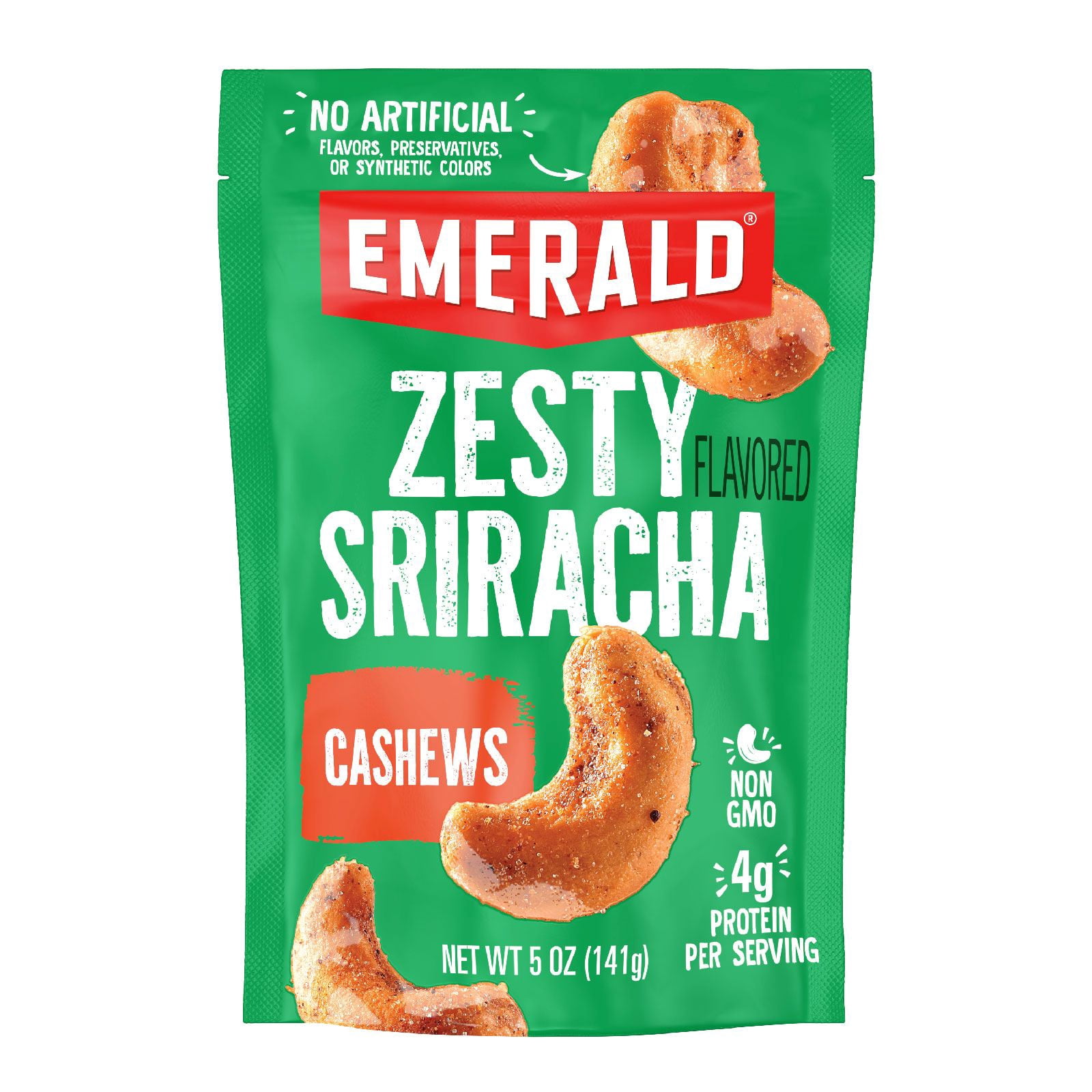 Emerald Nuts Sriracha Cashews, 5 oz Resealable Bag (Pack of 4)