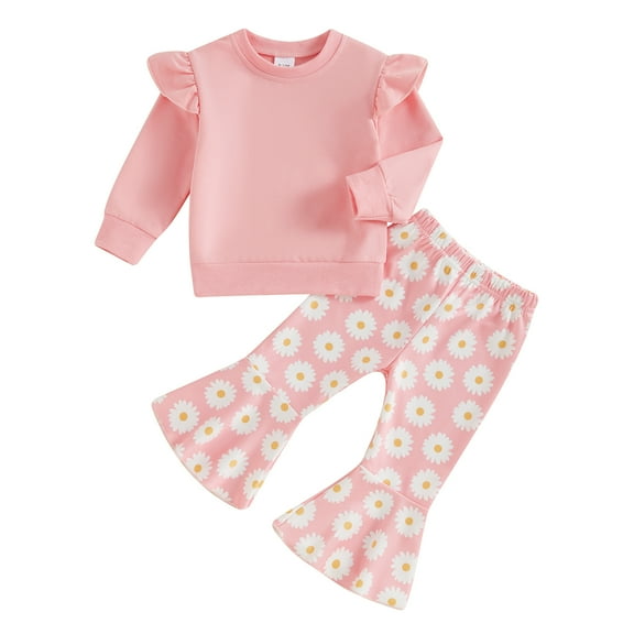 Musuos Little Girls Fall Pants Sets 1-5Years Long Sleeve Solid Color Pullover Tops Floral Flared Pants Sets Toddler Casual Clothing