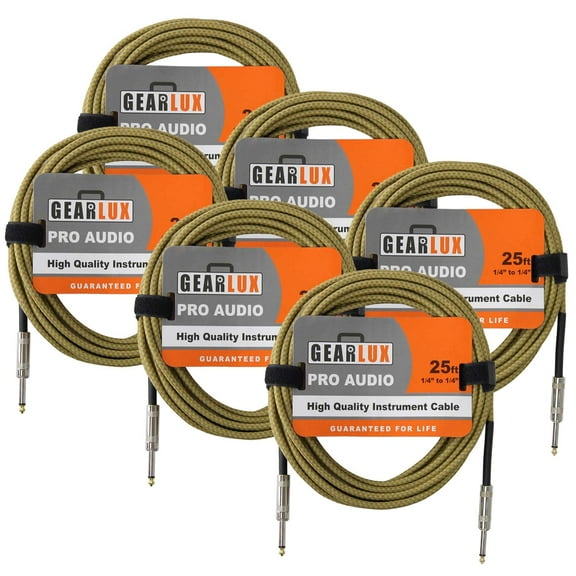Gearlux Instrument/Guitar Cable, Tweed, 25 Foot - 6 Pack