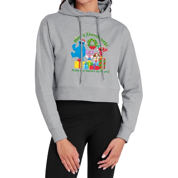 Sesame Street Merry Christmas, From Our Street To Yours Women's Cropped Hoodie Pullover Sweatshirt, Athletic Heather, X-Small