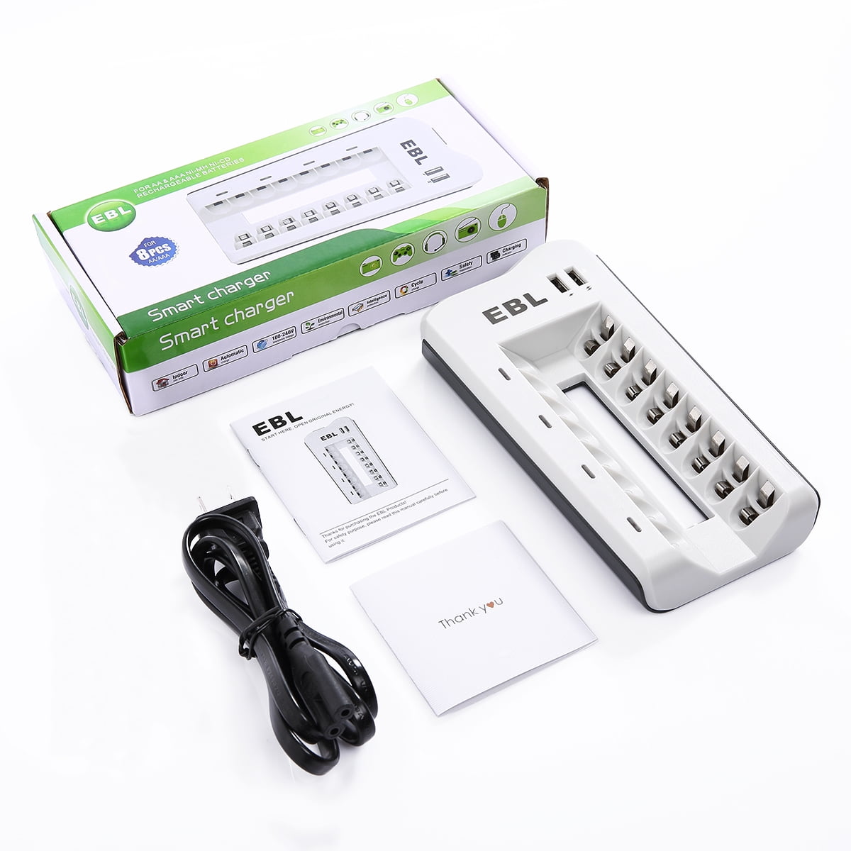 EBL 800mAh 1.2V NiMH AAA Rechargeable Batteries (20 Pack) and AA AAA Battery Charger with 2 USB Charging Ports