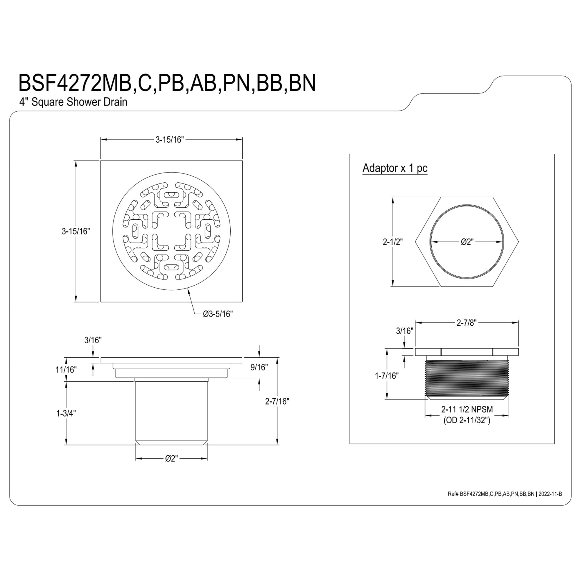 Kingston Brass BSF4272AB Watercourse 4-Inch Brass Square Grid Shower Drain with Flange in Antique Brass