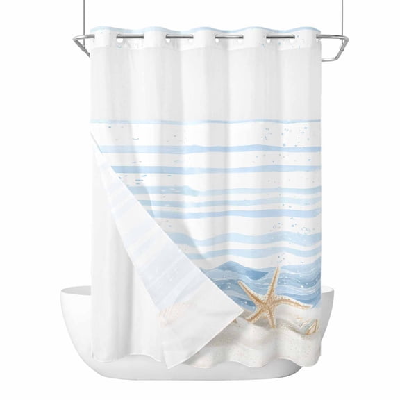 No Hook Nautical Coastal Shower Curtain with Snap in Liner Set, Ocean Starfish Shells Conch Waves Watercolor Waterproof Bathroom Curtains with See Through Top Window, Hotel Style Long 72 x 84 Inch