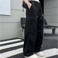 thumbnail image 3 of Eltusu Girls Cargo Pants, Elastic Waist Cotton Loose Fit Solid Color Wide Leg Pants Black Size 11-12 T, 3 of 3