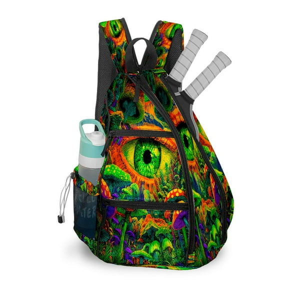 Pickleball Bag with Padded Back, Eye Mushroom Multicolor Multi-Compartment Paddle Backpack, Lightweight Nylon Sports Bag for Men & Women