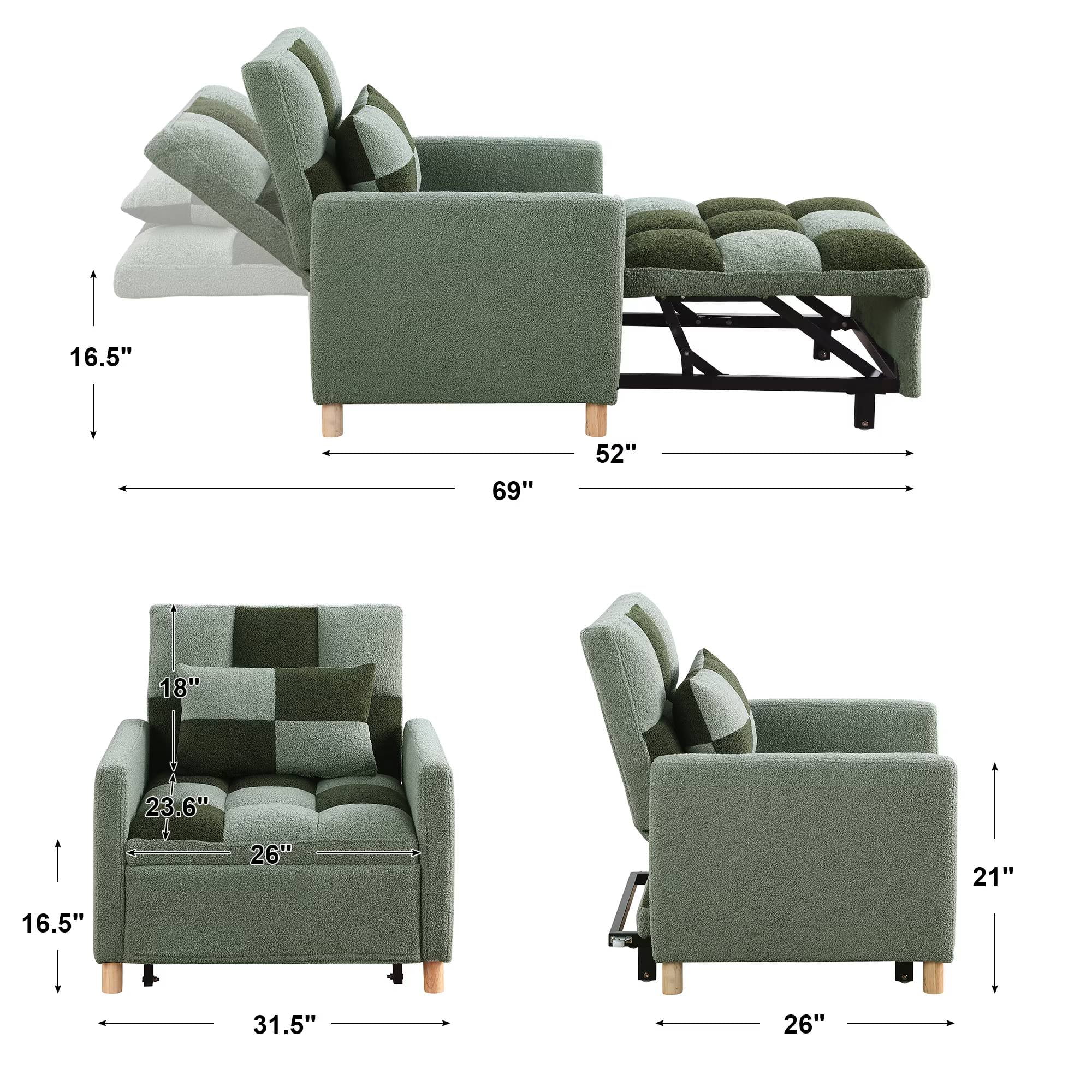 3-in-1 Convertible Single Sofa Chair Bed,Sleeper Sofa Chair Bed with Pillow,Multi-Functional Sleeper Chair for Living Room, Green