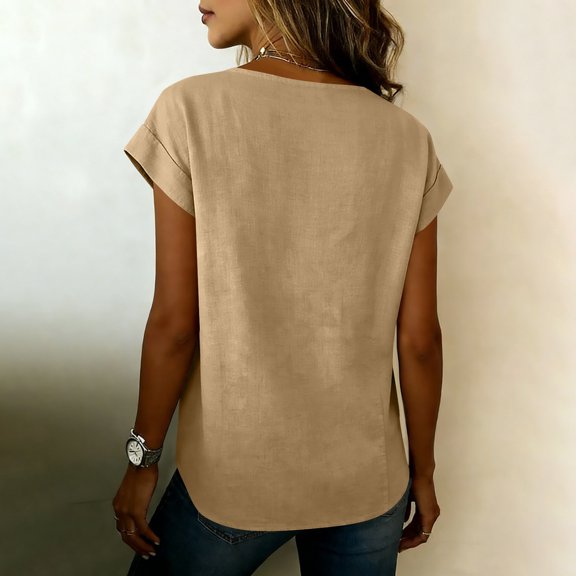 Rutainlusire Womens Casual Summer V-Neck Short Sleeve Tops Ladies Loose Fit Casual Summer Tops