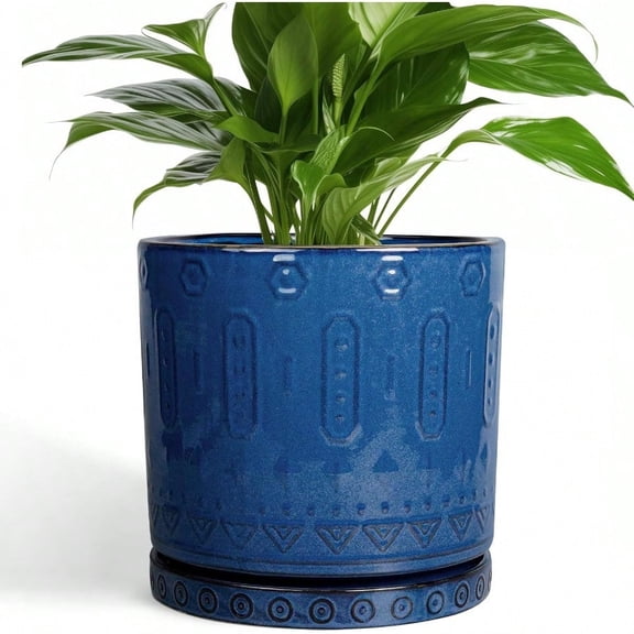 Ceramic Planter 8 Inch Plant Pot Indoor With Drainage Holes And Saucer Round Planter Outdoor MidCentury Modern Flower Pot Succulent Pot For Home Decor Blue