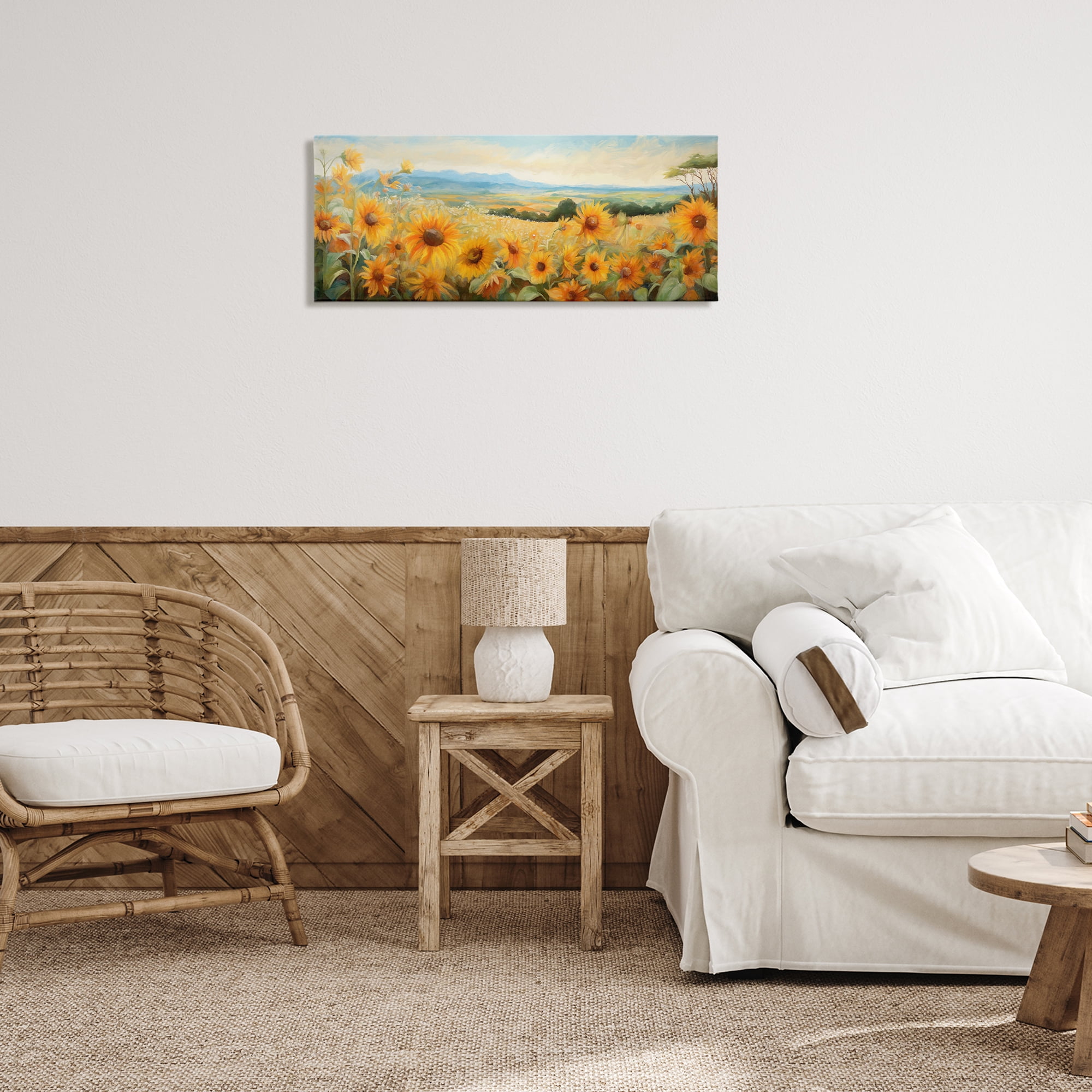 Stupell Industries Sunflower Fields Panorama Landscape & Nature Painting Wrapped Canvas Art Print Wall Art, 30 x 13