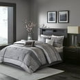 thumbnail image 1 of Madison Park Luxury Comforter Set-Traditional Jacquard Design All Season Down Alternative Bedding, Matching Bedskirt, Decorative Pillows, Queen(90"x90"), Rhapsody, Striped Grey/Taupe 7 Piece, 1 of 4
