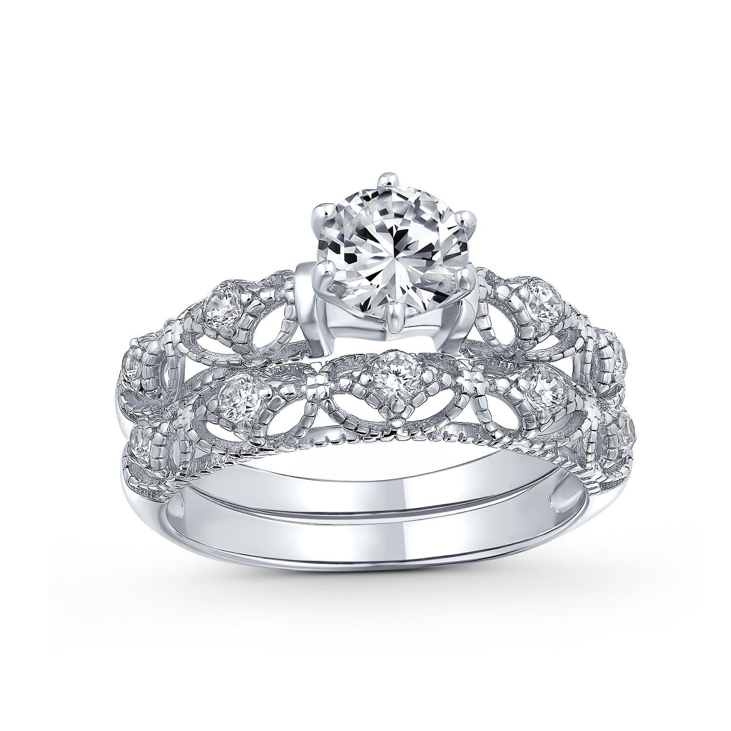 Bling Jewelry Womens Vintage Filigree Style 1CT CZ Solitaire Engagement Ring Set Sterling Silver