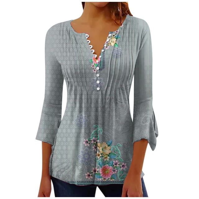 Hauts à Manches 3/4 pour Femmes Mode Femmes Imprimé à Boutons Décontracté Col en V T-Shirt Blouse à Manches 3/4 Hauts Robe T-Shirt Femmes Été T-Shirts pour Femmes Robe d'Été avec Manches pour Femmes