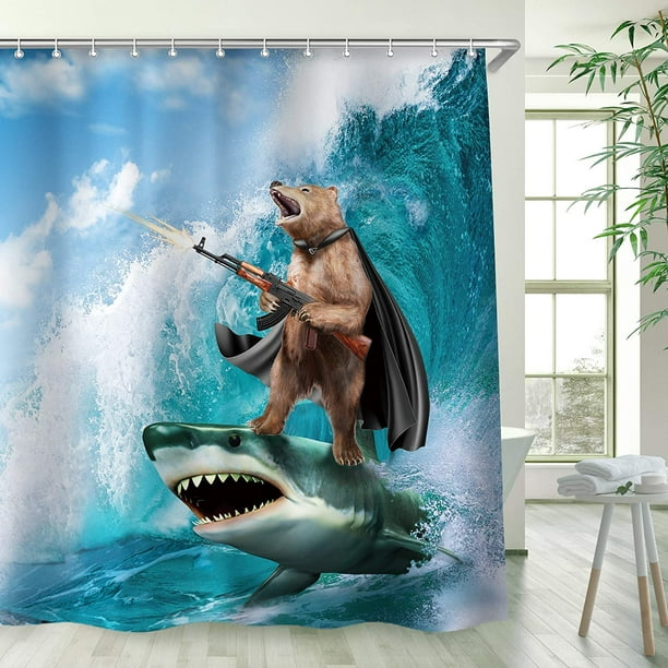 Funny Shower Curtain, Bear Shower Curtains Set with 12 Hooks, Waterproof  Shower Curtain, Decor Bear Shark Surfing Kids Shower Curtain , 72x72 '' 
