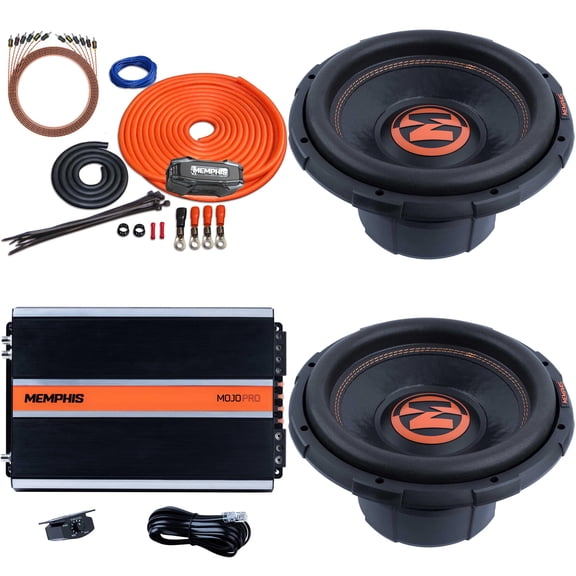 Memphis 2 MJP1222 12" Dual 2 Ohm MOJO Pro Subwoofer with a MJP1500.1 1500W Monoblock Amplifier and Memphis 0ga Wire Kit