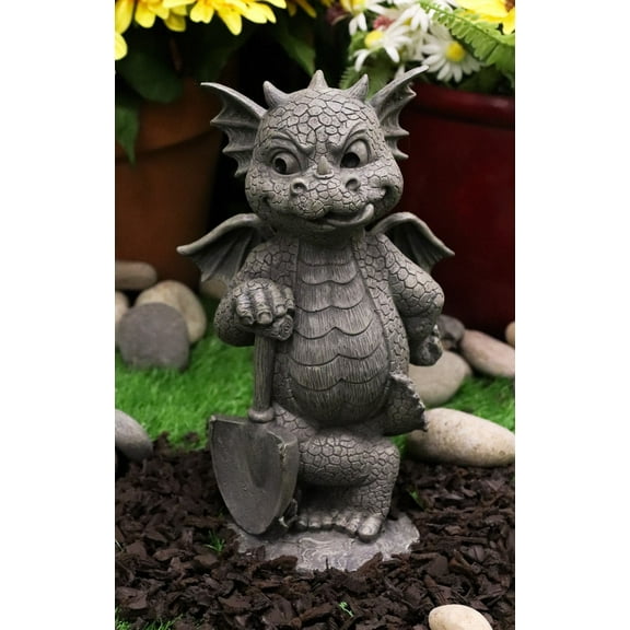 Whimsical Garden Dragon With Shovel Statue 11.5"H Gardening Green Thumb Dragon