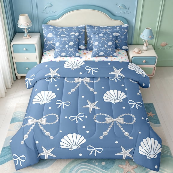 Manfei 3D Cartoon Shell Print 7-Piece Twin Bedding,Ribbon Dreamy Bowtie Bedding Comforter Set,Colorful Stars Reversible