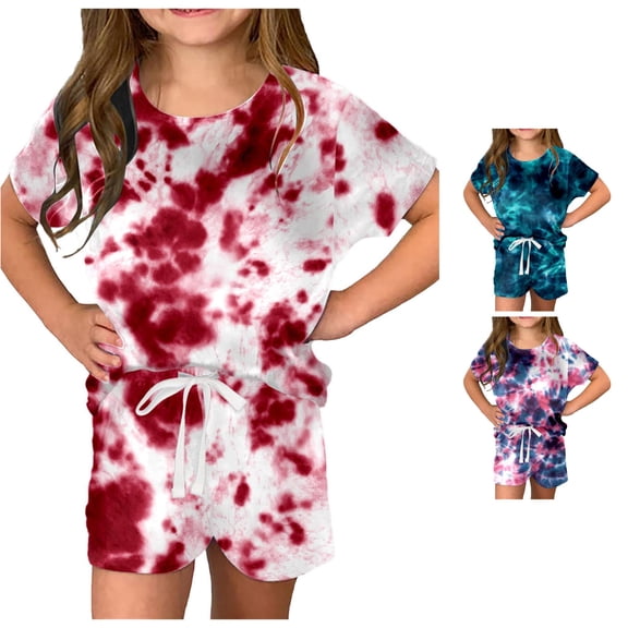 HCYSFG Girls Tie Dye Outfit Sets 2 Piece T Shirt And Shorts Clothing Sets Crewneck Short Sleeve Elastic Waist Matching Sets