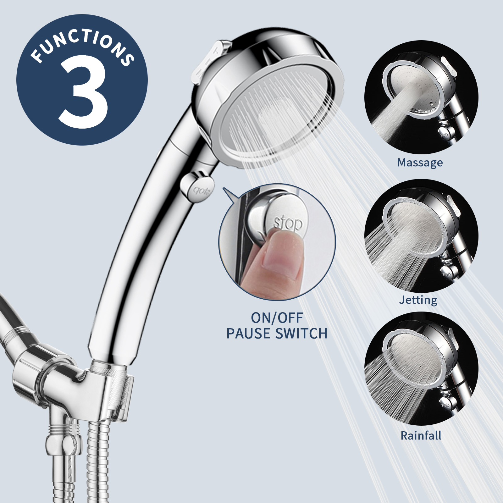 KAIYING Shower Head with Handheld Nozzle, 3 Spray Modes, Detachable, Hose, Adjustable Angle, Chrome