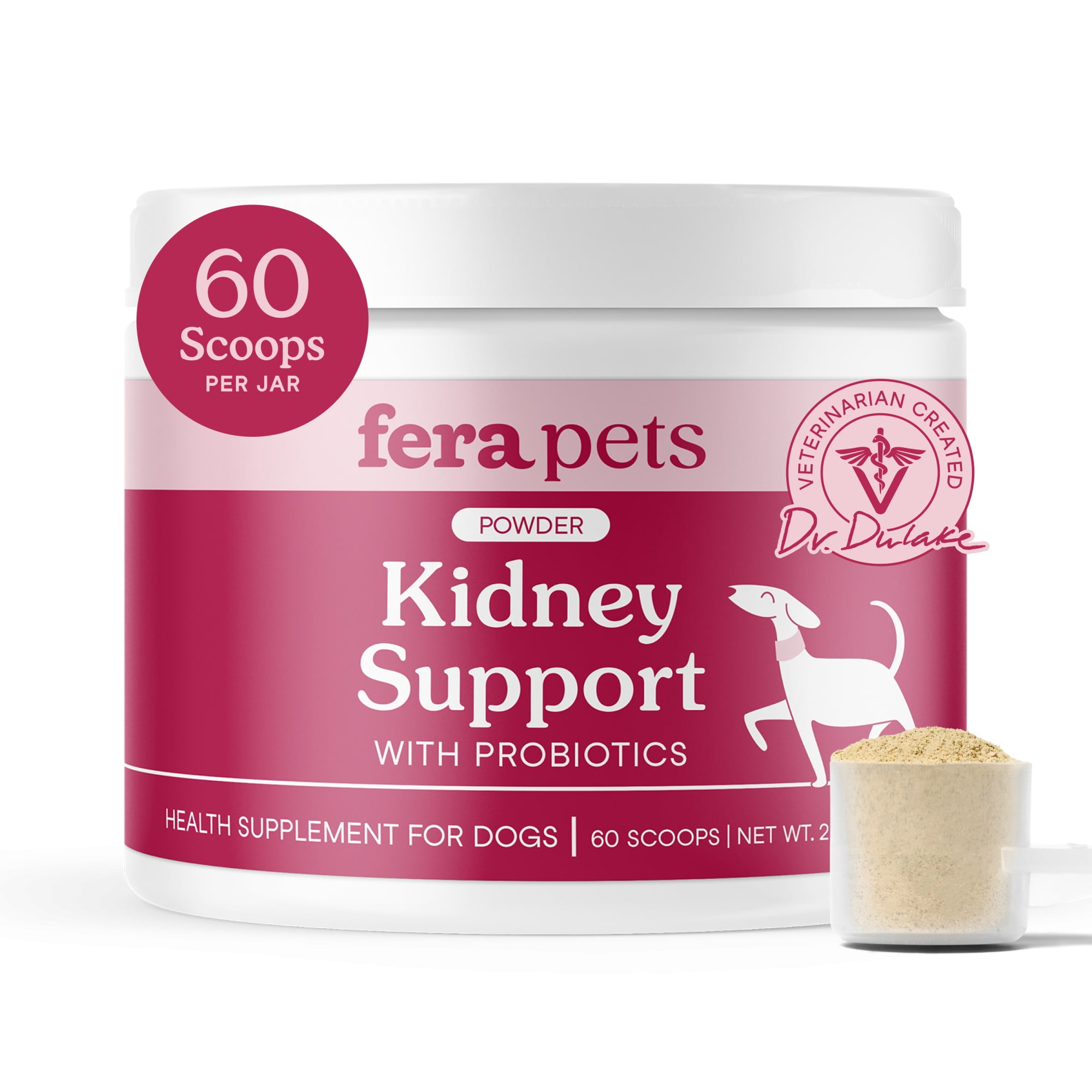 Fera Pets Dog Kidney Support Powder - With Probiotics - Enhances Renal Health & Function - 60 Scoops
