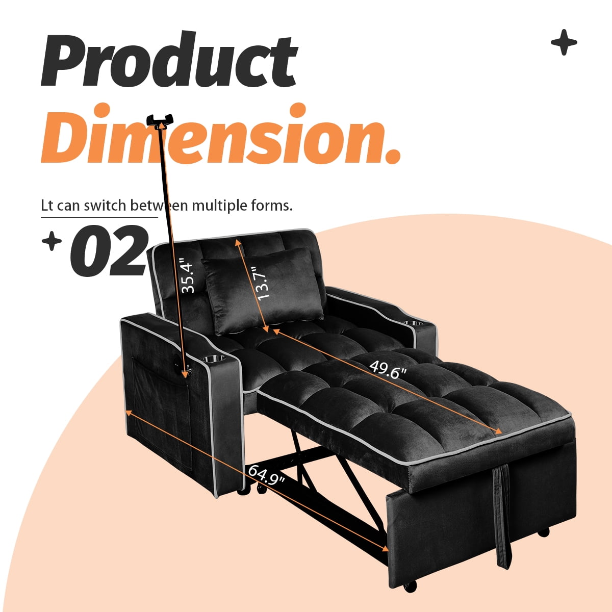 Gewnee 37.2''Convertible Sofa Bed with USB and Phone Holder,2 Cup Holders and 3 Adjustable Backrest,Suitable for Living Room,Apartment and Office.Black