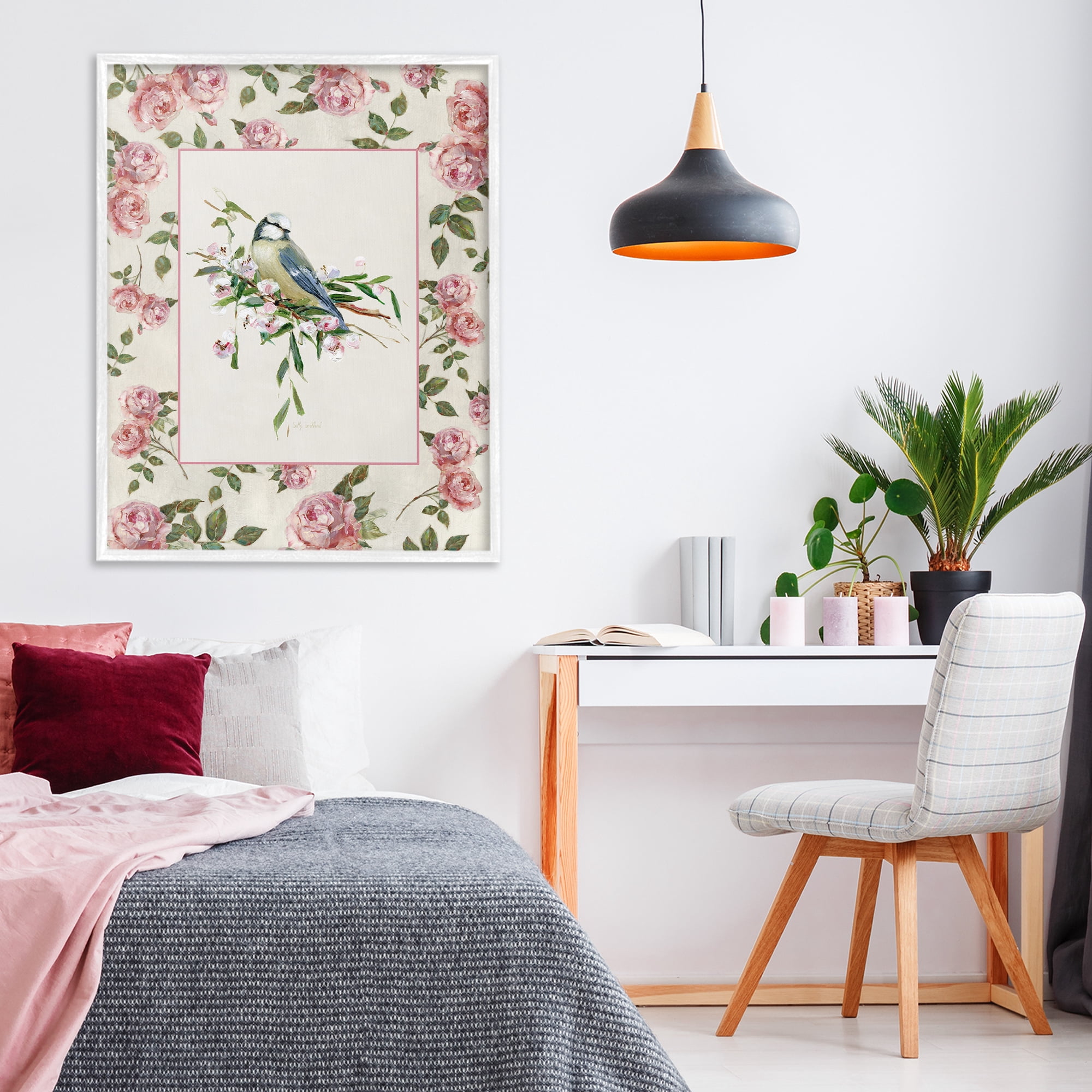 Stupell Industries Dainty Roses & Perched Bird White Framed Giclee Art, design by Sally Swatland