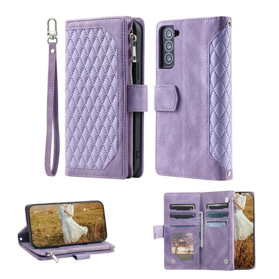Allytech Case for Samsung Galaxy S21,PU Leather Zipper Wallet with Card Slots Shockproof Crossbody Magnetic Flip Holder Phone Cover with Shoulder/Wrist Strap,Purple