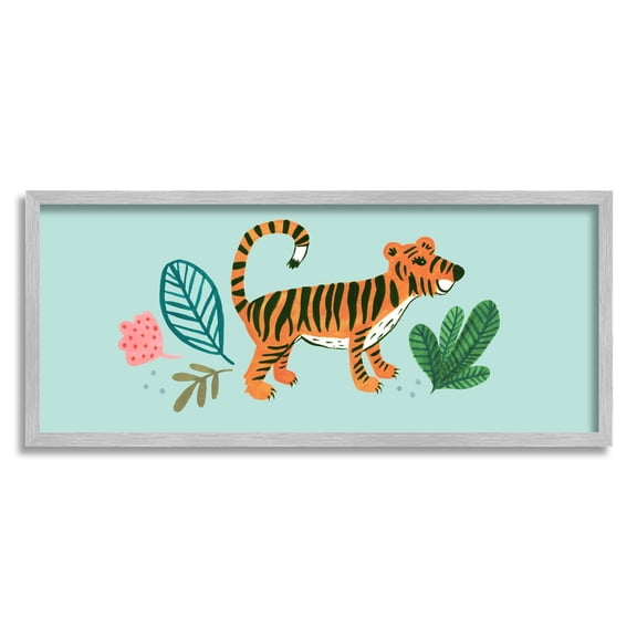 Stupell Industries Adorable Orange Tiger Leaves Plants Illustration Design Paintings Gray Framed Art Print Wall Art, 30x13, by Heather Strianese