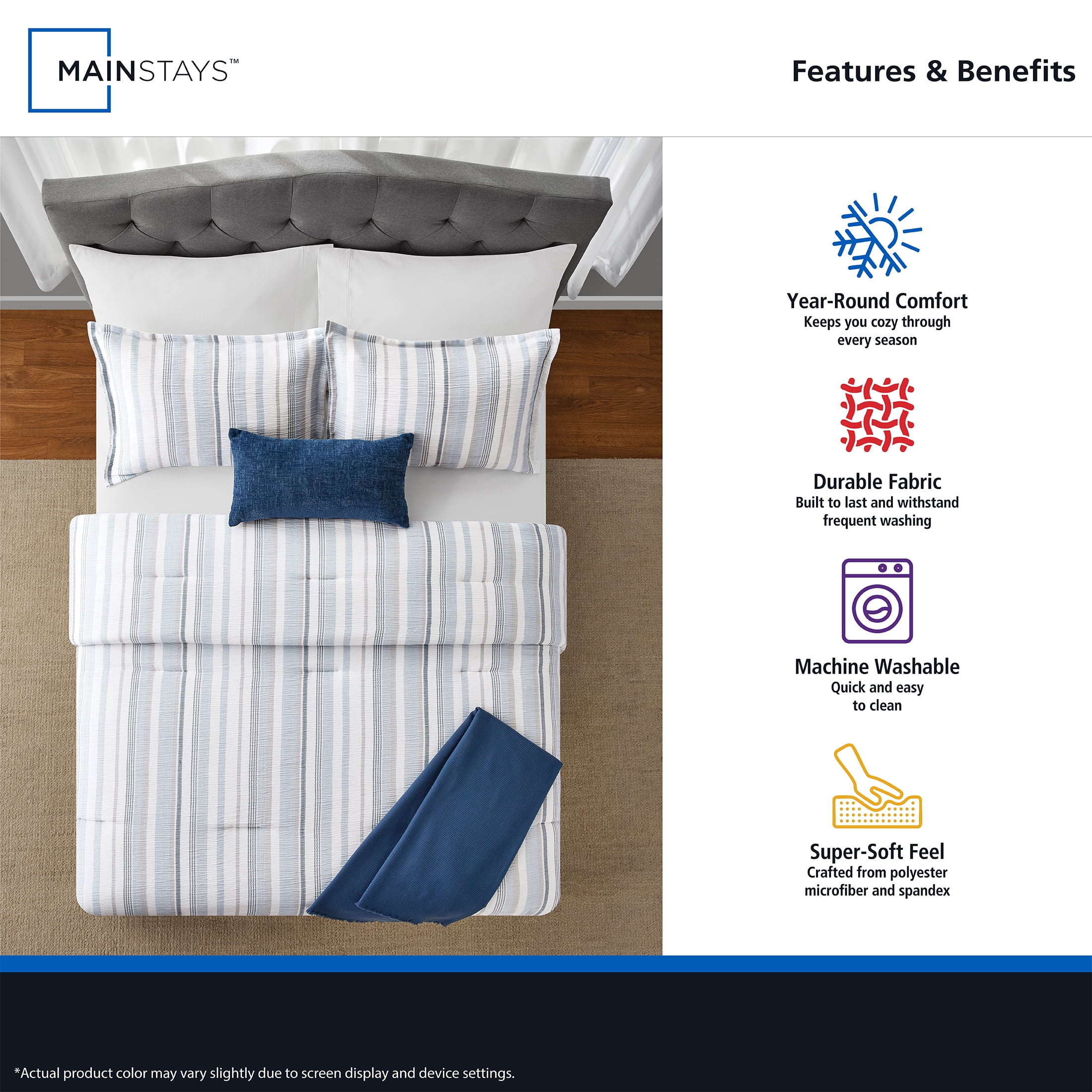 Mainstays Yarn Dyed Stripe 4-Piece Blue Comforter Set, Twin/Twin XL