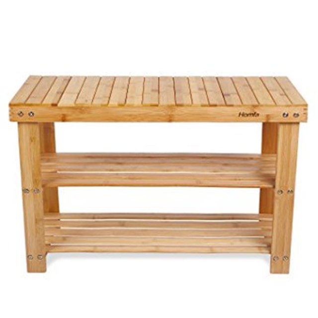 New Ridge Home Goods HX-71451 Natural Bamboo Shoe Bench Boot Organizing Rack, Entryway Seat with Storage Shelf & Hallway Furniture