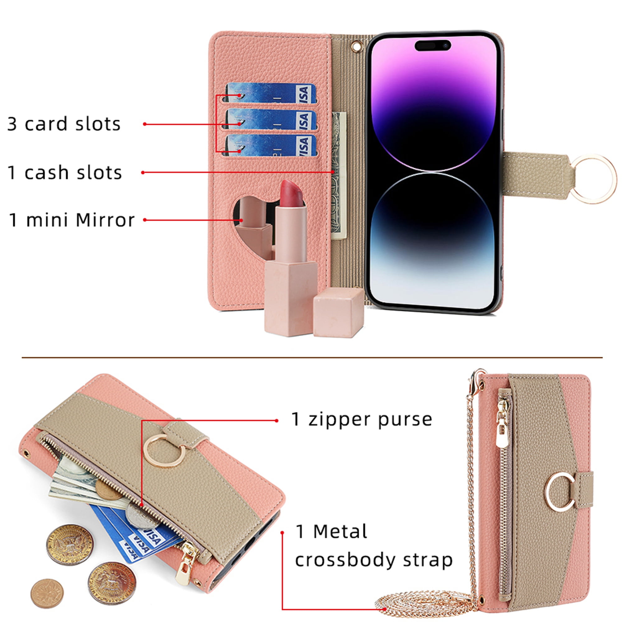 Dteck Crossbody Wallet Case for iPhone 11 Pro Max, Premium Color-Blocking PU Leather Zipper Purse with Card Holder Mini Mirror for Women Girls, Folio Flip Phone Case with Magnetic Closure,Pink