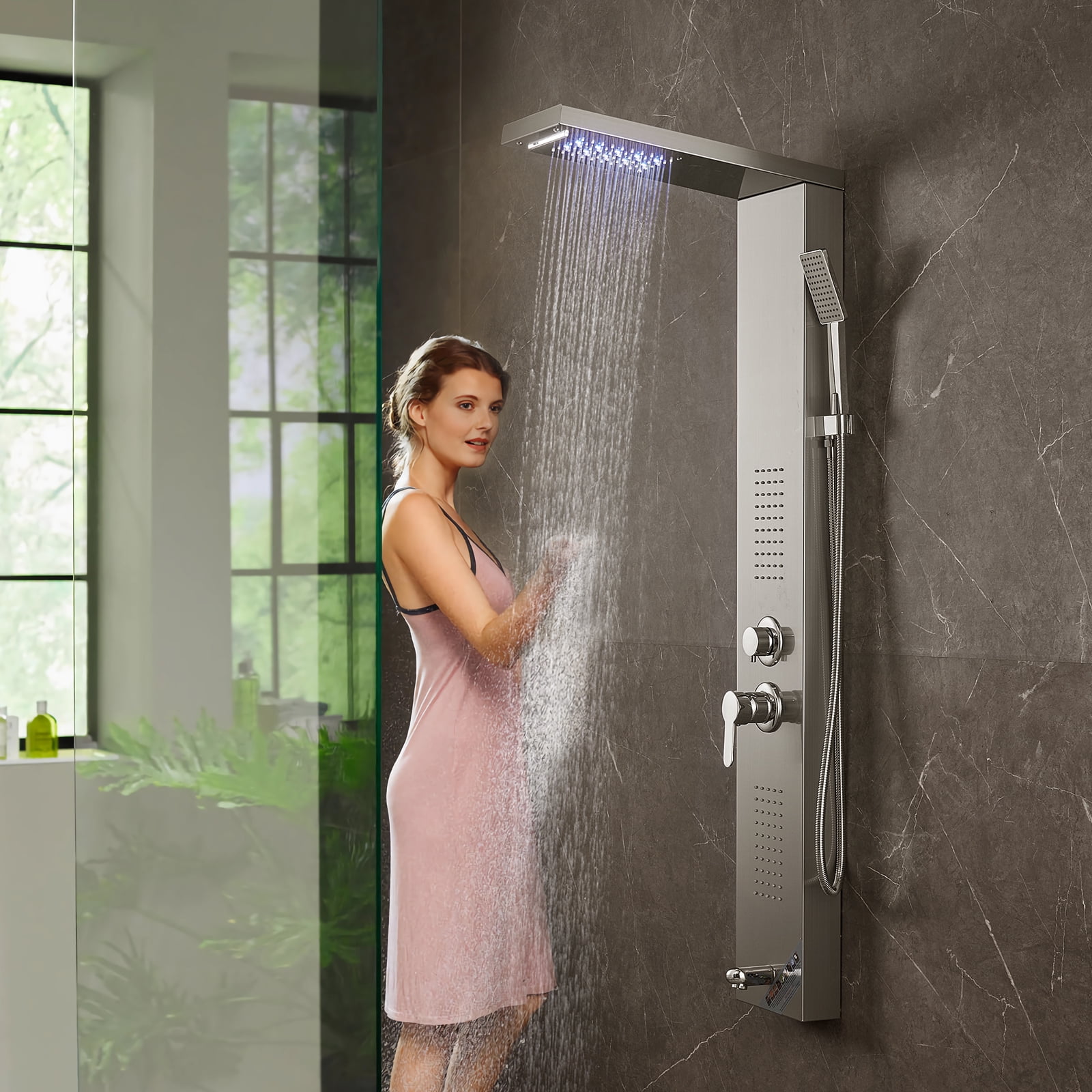 SKYSHALO 5 Modes Shower Panel Tower System LED Rain Waterfall Jets Stainless Steel