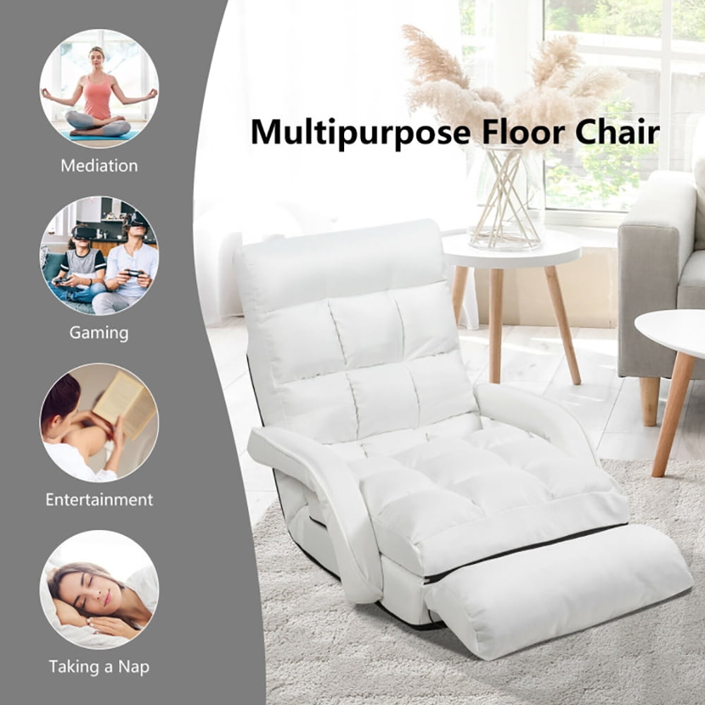 Finihen Folding Lazy Sofa Chair, Floor Chair, Folding Lazy Floor Chair Sofa with Armrests and Pillow, for Living Room, Bedroom, for Gaming, Reading, White Finihen Folding Lazy Sofa Chair, Floor Chair, Folding Lazy Floor Chair Sofa with Armrests and Pillow, for Living Room, Bedroom, for Gaming, Reading, White