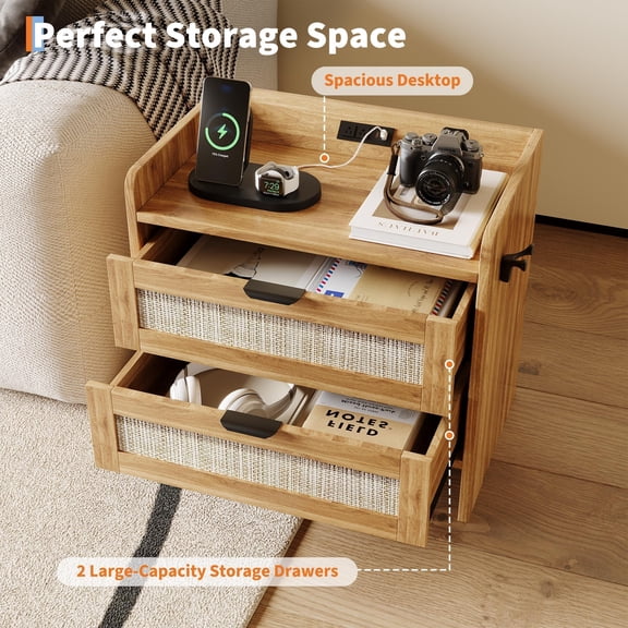 Nightstand, Nightstand with Drawers, Nightstand with Charging Station, Nightstand Set of 2, Bedside Table, Boho Rattan 2-Drawer Side Table with USB Type-C Ports for Bedroom Office