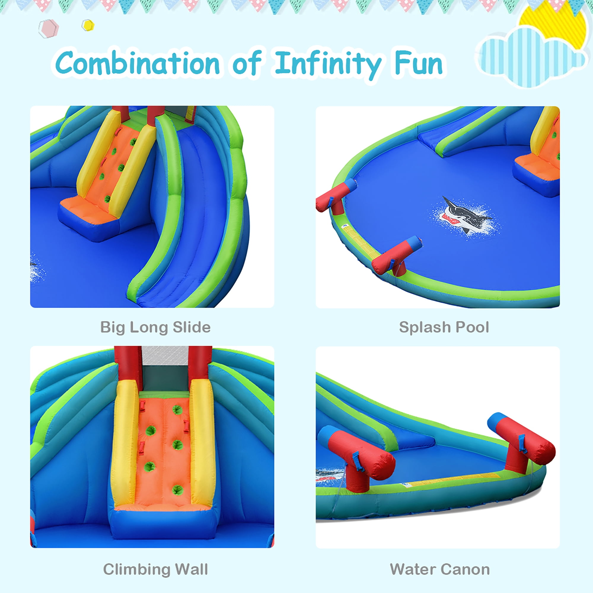 Costway Inflatable Bounce House Kids Water Splash Pool Dual Slides Climbing Wall without Blower