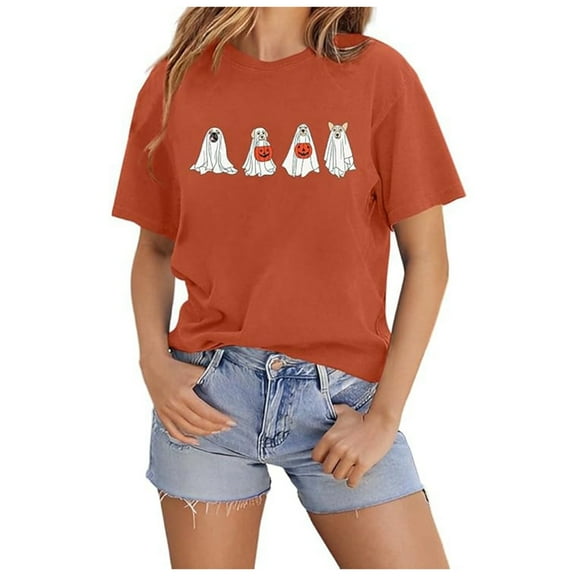 Cute Dog Ghost Halloween Tshirts Women 2025 Short Sleeve Crewneck Dog Pumpkin Thanksgiving Halloween Shirts for Women