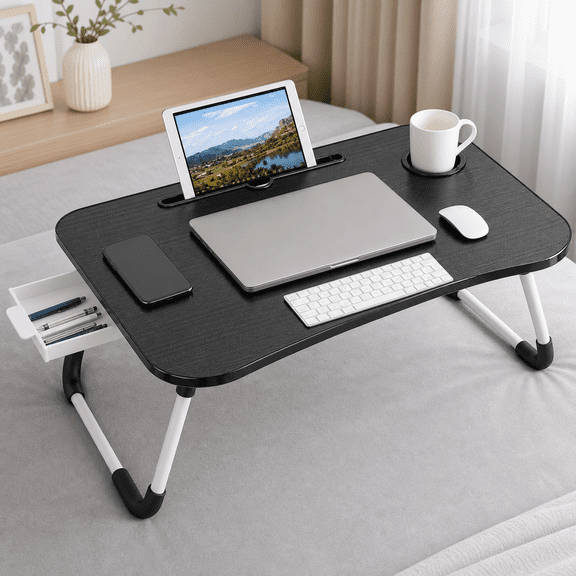 WLRETMCI Foldable Lap Desk for Laptop, 23.6 Inch Portable Laptop Bed Desk Tray Table with iPad Tablet Slot, Cup Holder, Storage Drawer, Anti-Slip Legs, Wood Lap Table for Bed Sofa Floor, Black