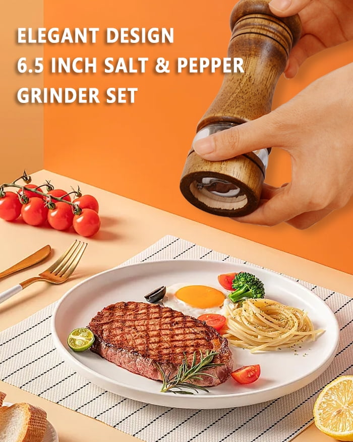 Wooden salt and pepper grinder, suitable for barbecue and kitchen utensils, adjustable ceramic grinder -6.5 inches, 2-piece set