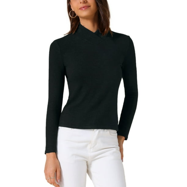 Camiseta de color sólido para mujer INSPIRE CHIC con cuello asimétrico y mangas largas, básica, talla S, color negro